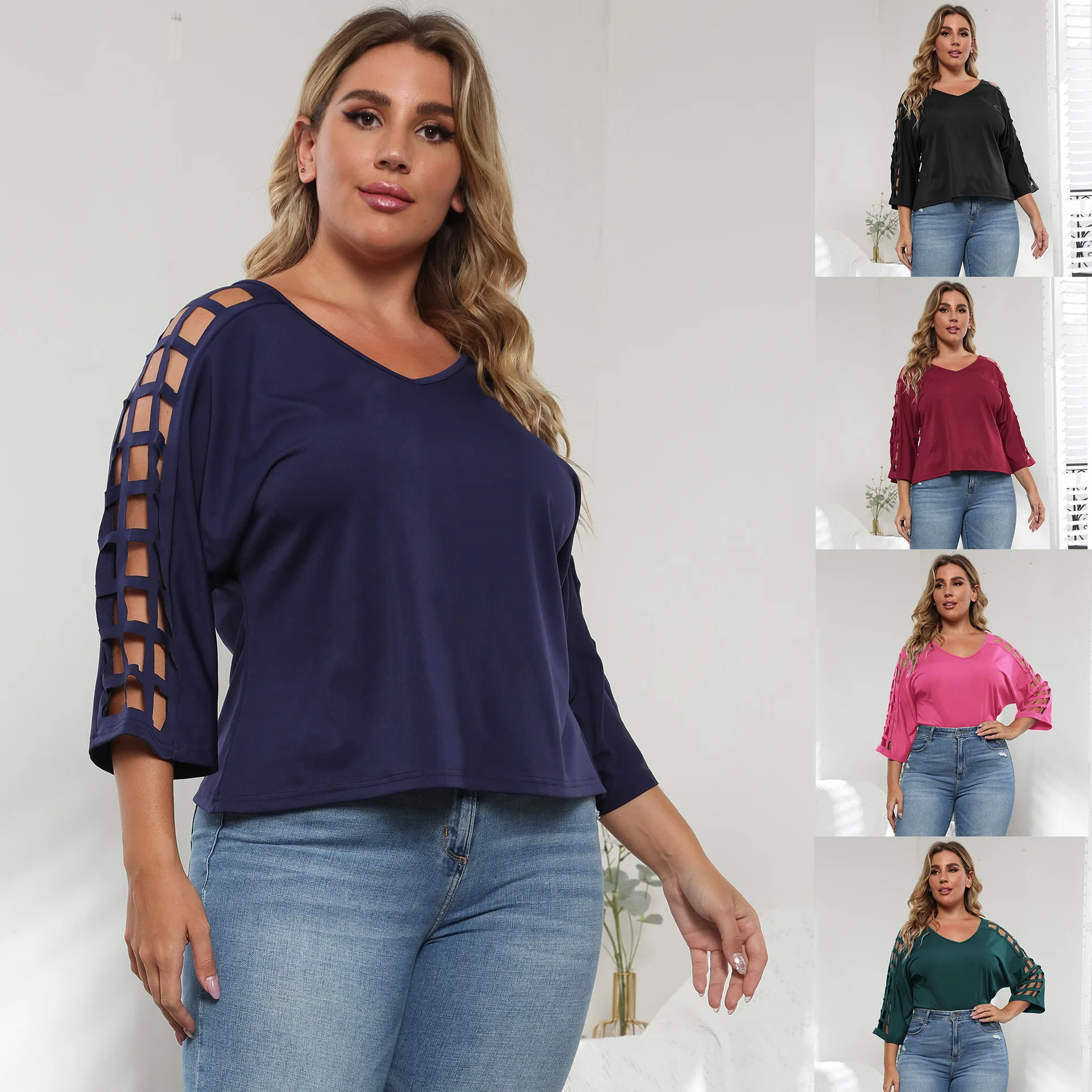 Fashion plus size women t-shirts top Autumn hollowed-out V-neck bat sleeve T-shirt custom manufacturers wholesale cheap