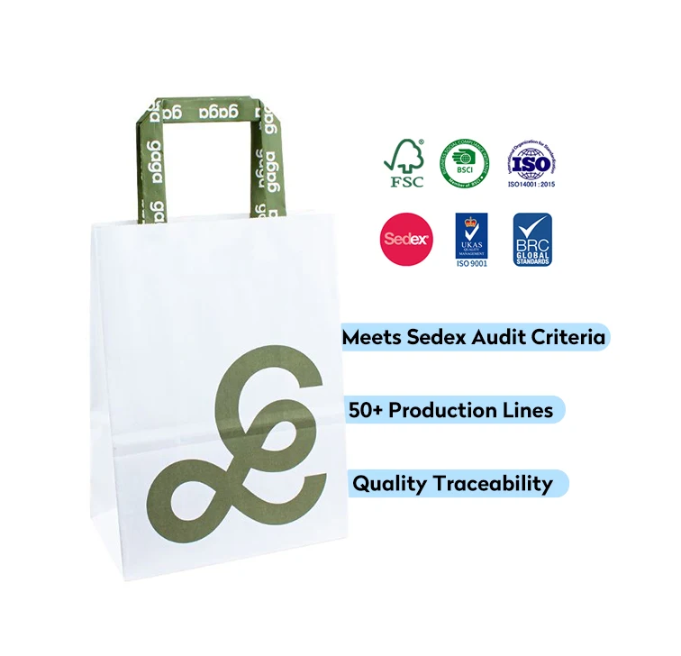 Custom White Shopping Paper Bags Logo Package Paper Bag for Food Takeaway with Handle with Customized Kraft Paper Flexo Printing