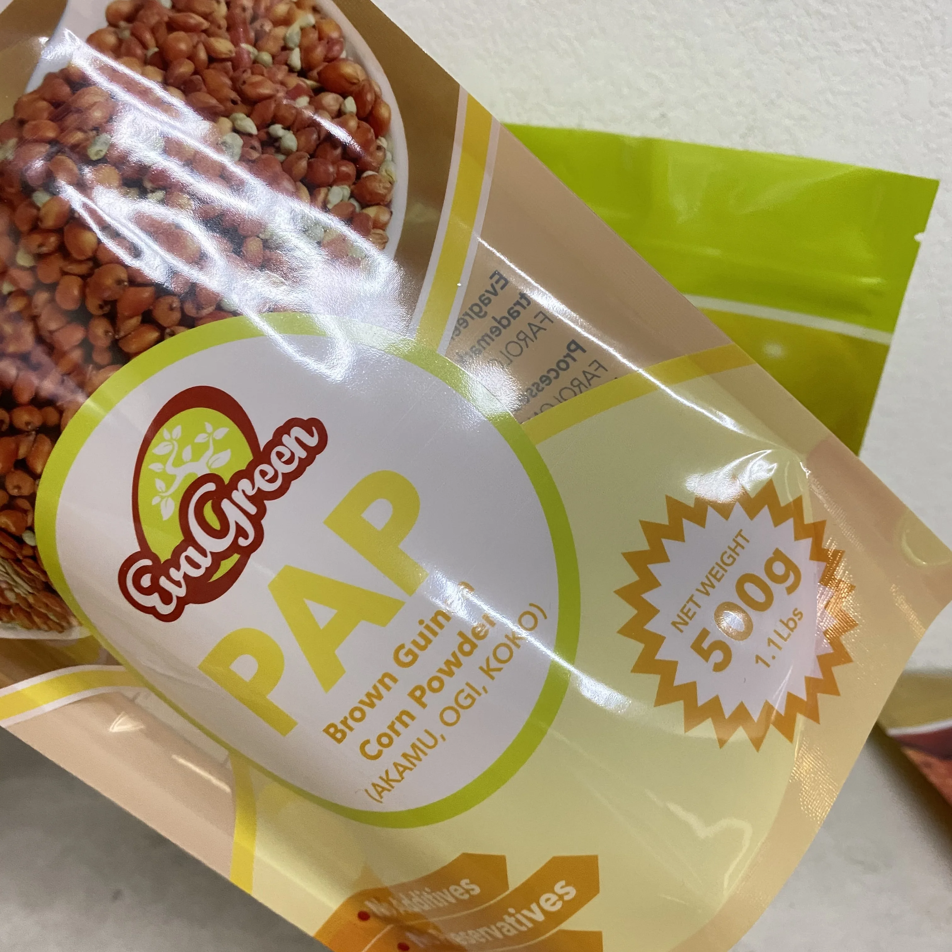 Food grade 500g powder packaging plastic stand up zipper bag for bean flour