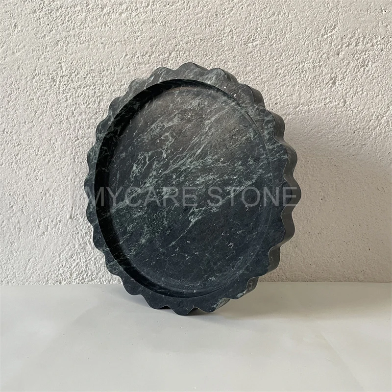 Natural rounds scalloped marble stone jewelry tray cosmetic dinner fruit plate decorative scalloped edge tray