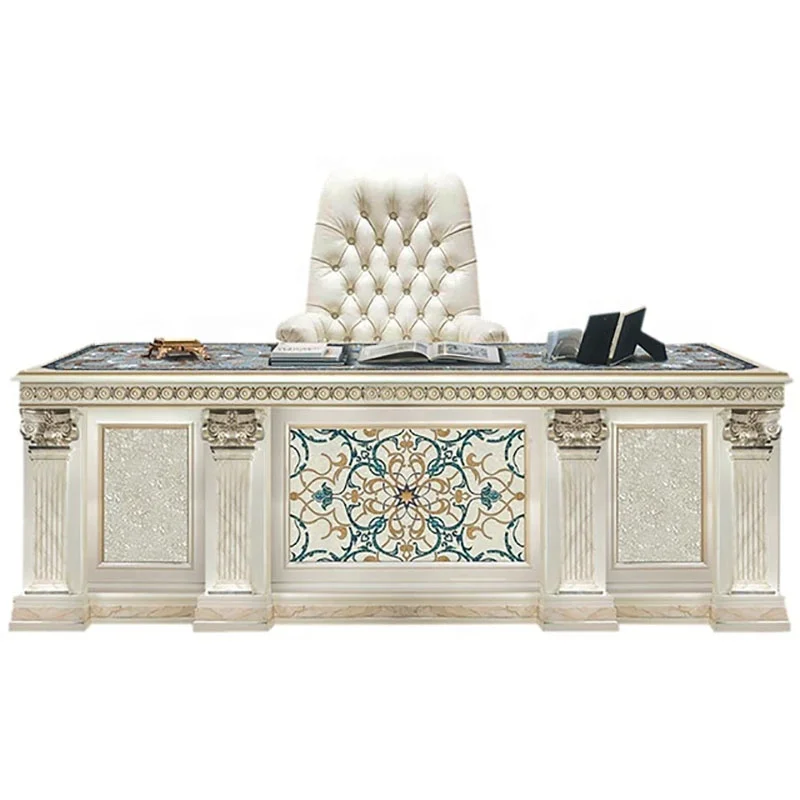 Luxurious Wooden Shell Marquetry Inlaid White Writing Table Chair Home Office Royal Furniture