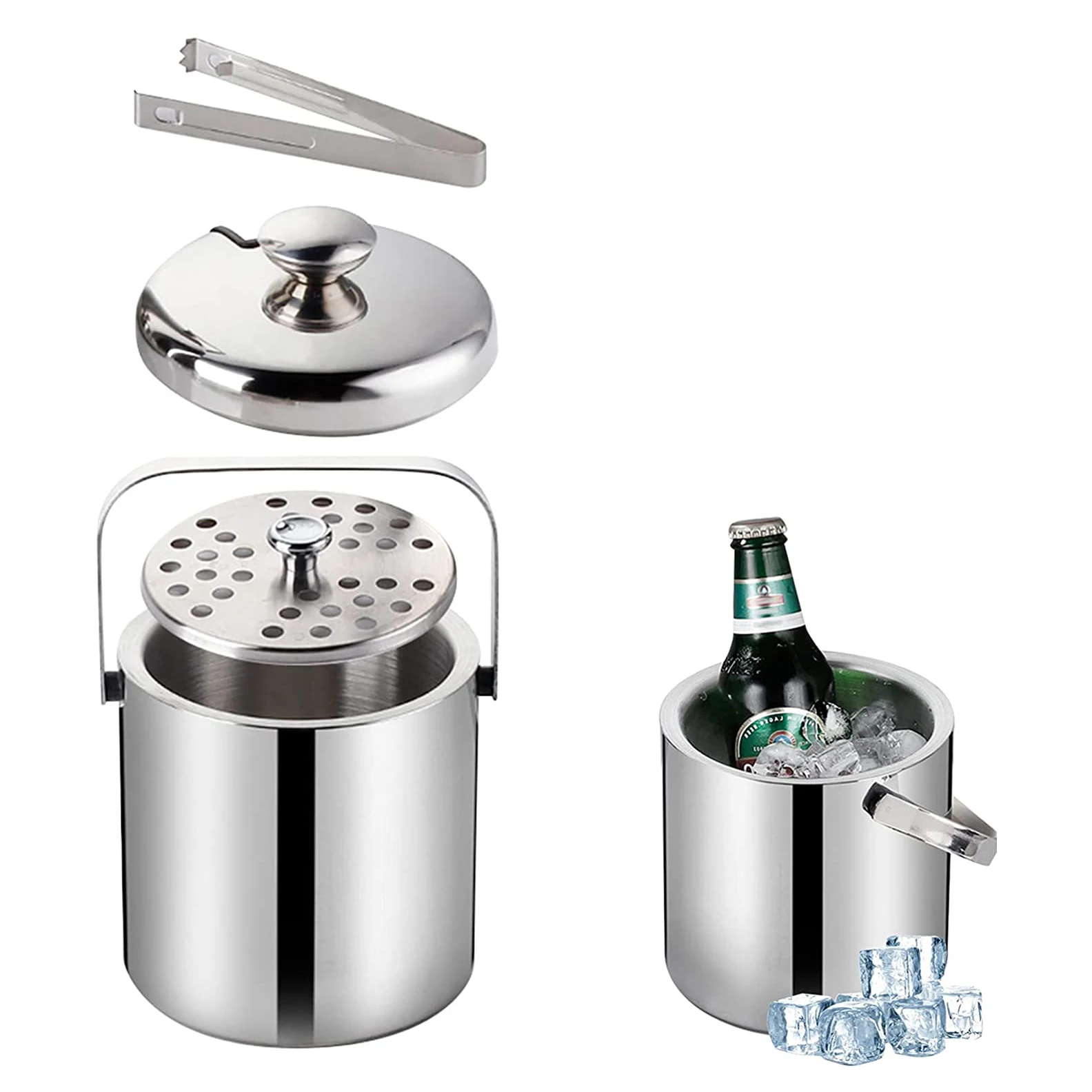 
Newly Design Large Capacity Double Wall Stainless Steel Recyclable Wine Ice Bucket with Lid and Ice Tong For Beer 