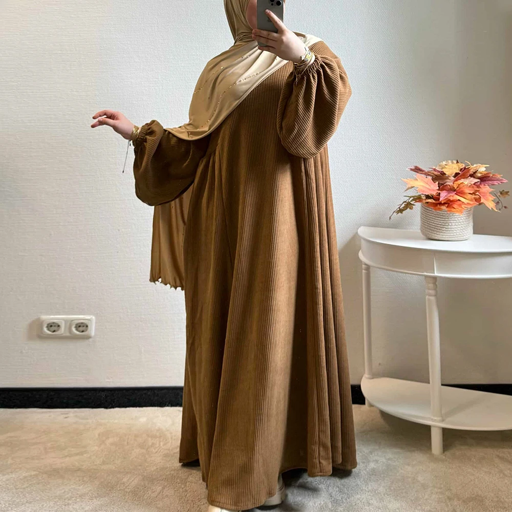 Latest Islamic Muslim Women Autumn Winter Abaya Dress Turkey Dubai Modest Corduroy Loose Casual Dresses Abaya Women Muslim Dress