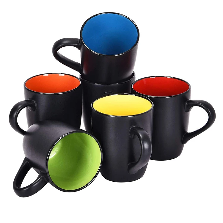 wholesale european style two tone best 16oz bistro matte black hand made painted round ceramic pottery coffee cup mug set