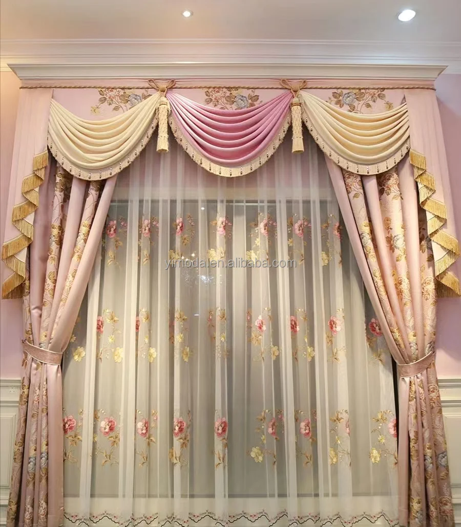 Luxury Curtains Flowers Pink Fabric Lace Curtain for Bedroom Windows Hotel European High Quality Embroidery Custom Embroidery