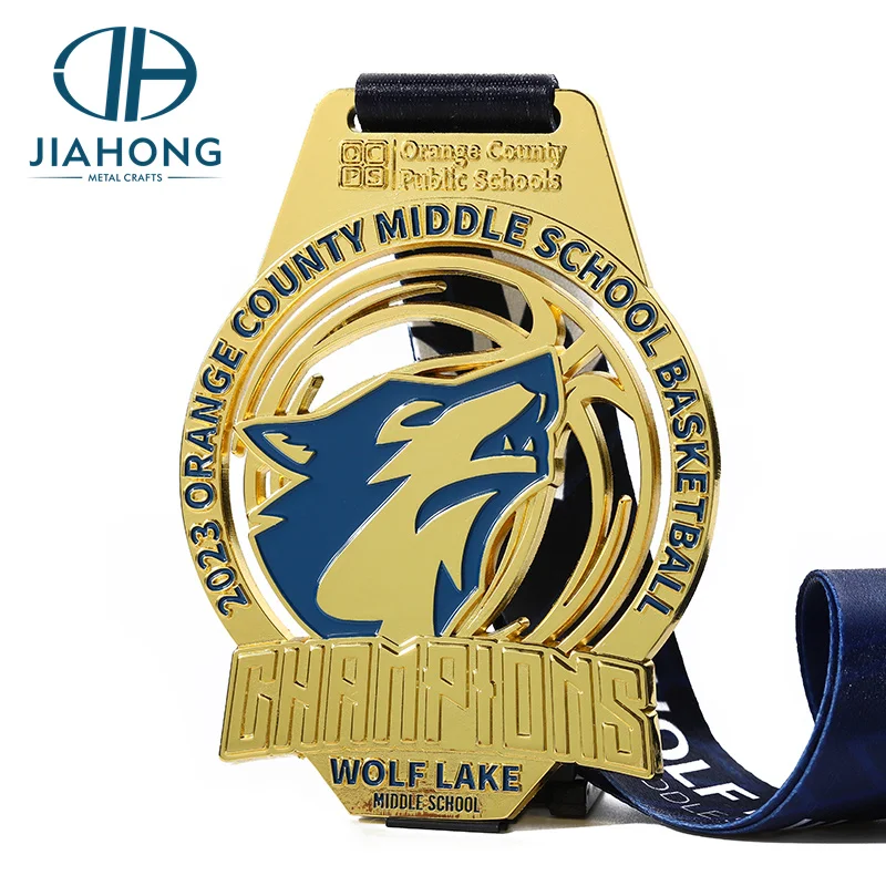 Oem Factory 3D Enamel Gold Basketball Medal Custom Design Wolf Lake Middle School Student Medal for Basketball Game