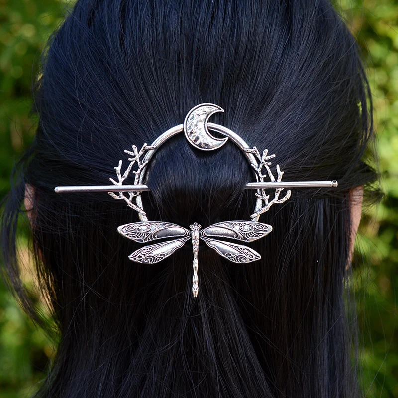 Retro Dragonfly Dragon Moon With Branches Hairstick Silver Dainsy Flower Gothic Witch Hairpin Jewelry For Women