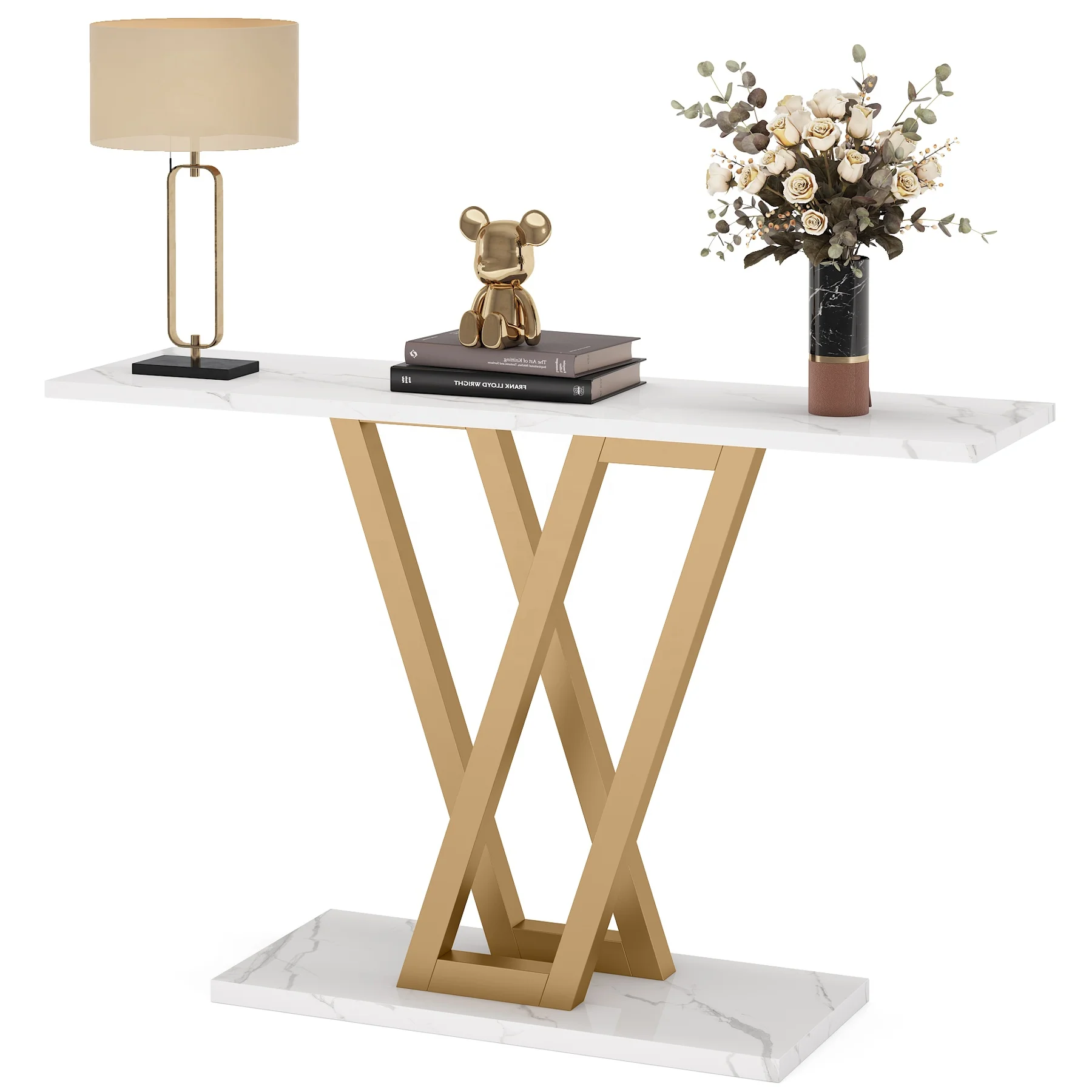 43 Inch Modern Console Table with Gold Base Geometric Entryway Sofa Table for Living Room