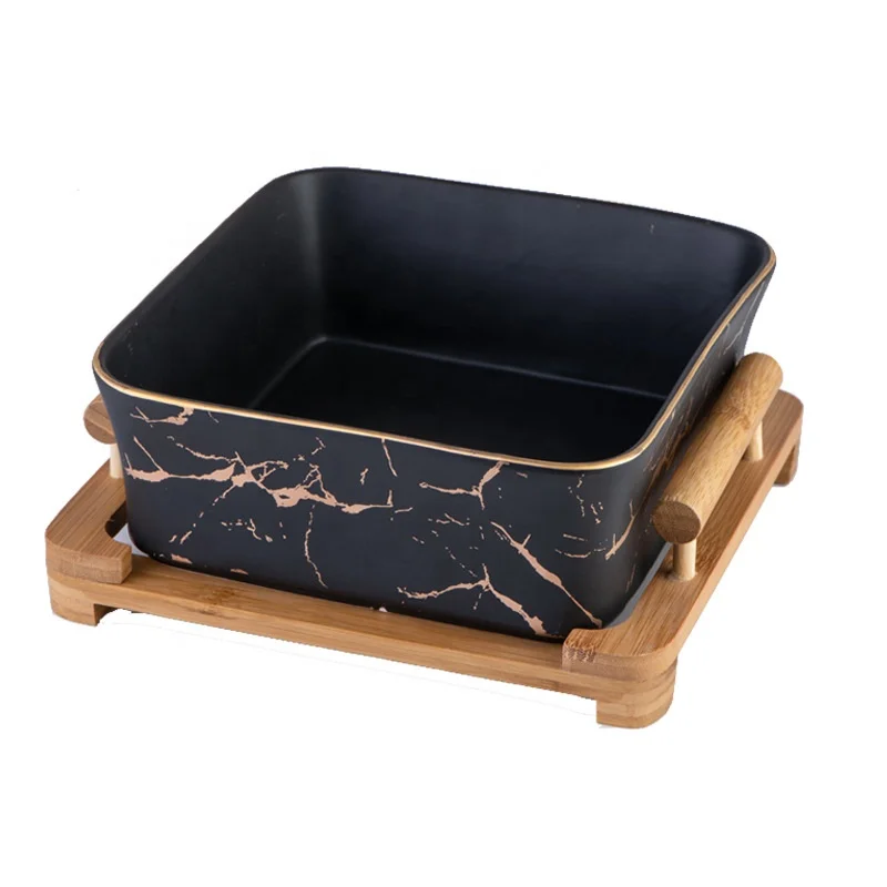 
Northern European Piring Marble Pattern Black Square Ceramic Fruit Salad Bowl With Wood Stand Tableware Fruit Ceramic Bowl 