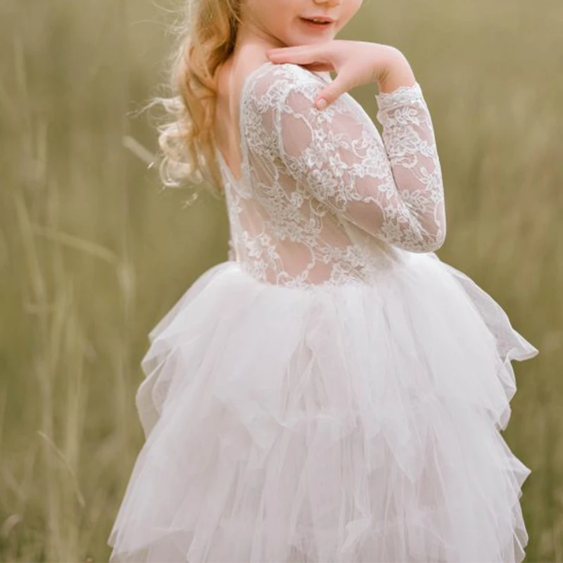 Custom Embroidery Ball Gown White Flower Princess Party Birthday Fluffy Dresses for Little Girls