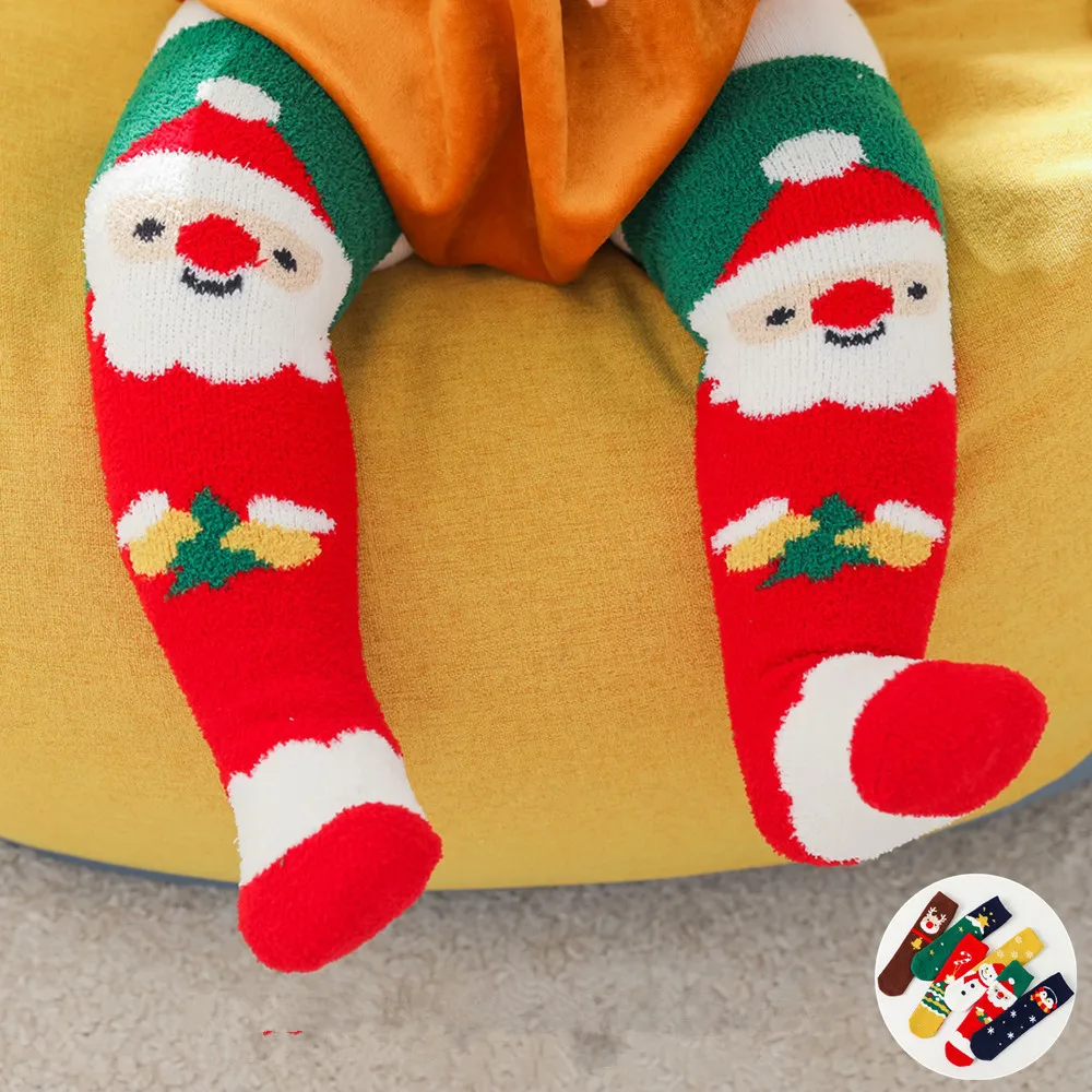Floor thicker coral fleece sleep santa socks wholesale price baby socks cute thigh high comfy warm socks