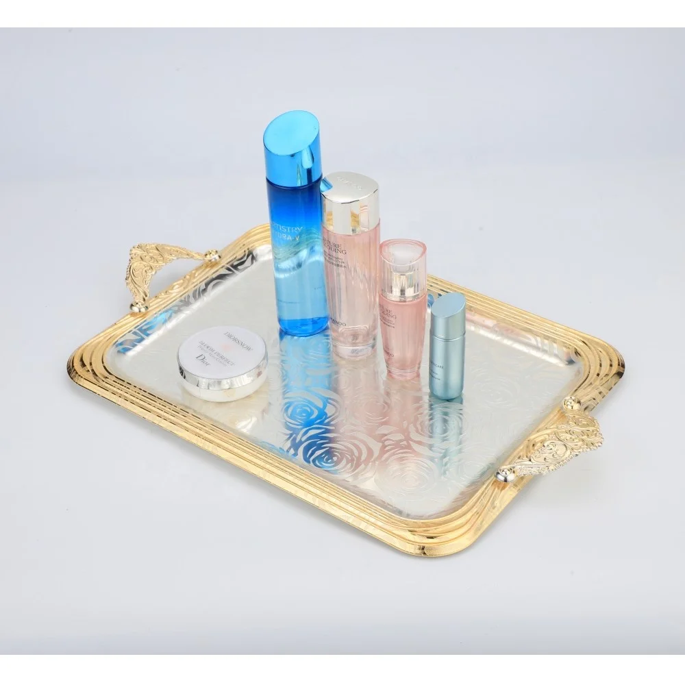 Decorative Coffee Table Home Decor Tray, Bar Metal Serving Tray, Gold Silver Turkish Tea Coffee Serving Tray Handles