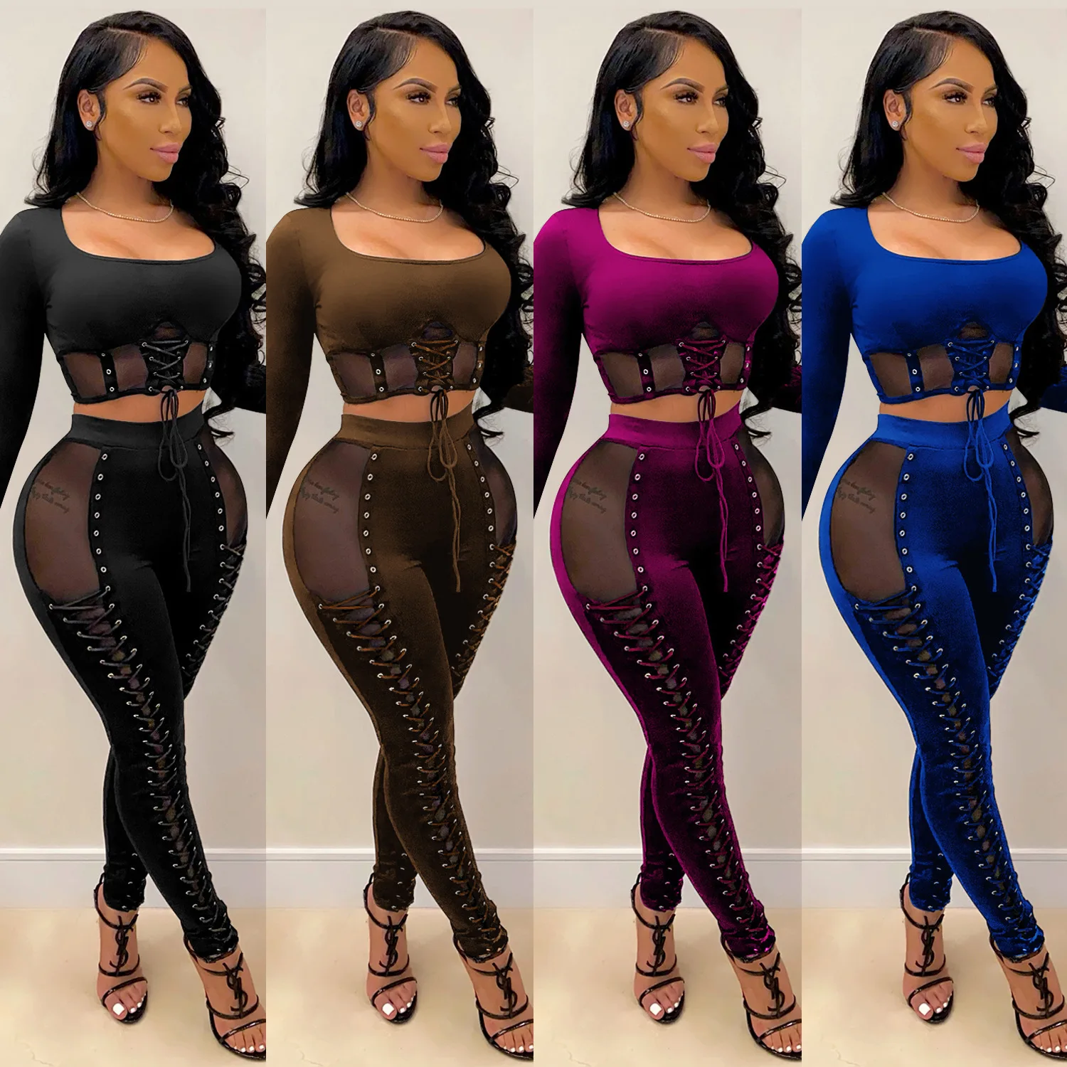 
2021 New Arrivals Two Piece Pants Set Women Clothing Sexy Strappy Mesh Perspective Trousers Plus Size Women Clothing 