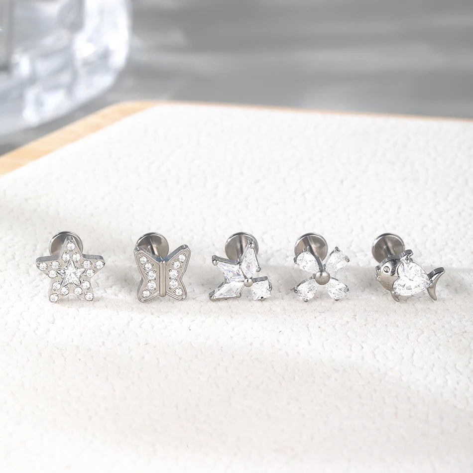 Титановая внутренняя резьба 16 г Серия животных Змея кошка рыба CZ Labret пирсинг ювелирные изделия из раковин спираль хряща серьги-гвоздики