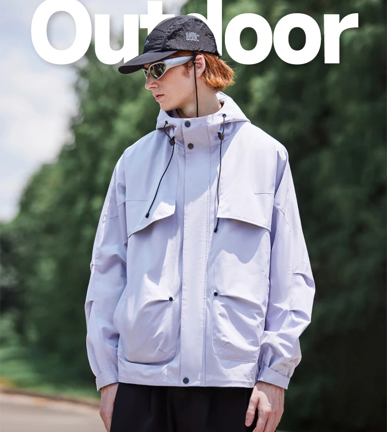 Mens Outdoor Hiking Lightweight Windproof Softshell Anorak Zip Up Safari Windbreaker Jackets With Hoody