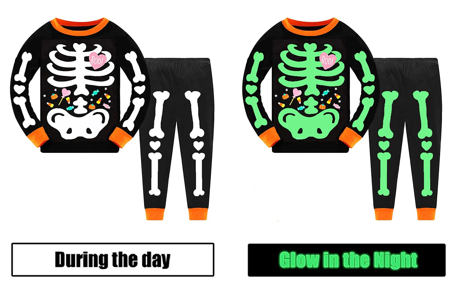 Boys Skeleton Glow-in-The-Dark 100% Cotton Sleepwear Toddler Clothes Halloween Outfit Kids Pajamas