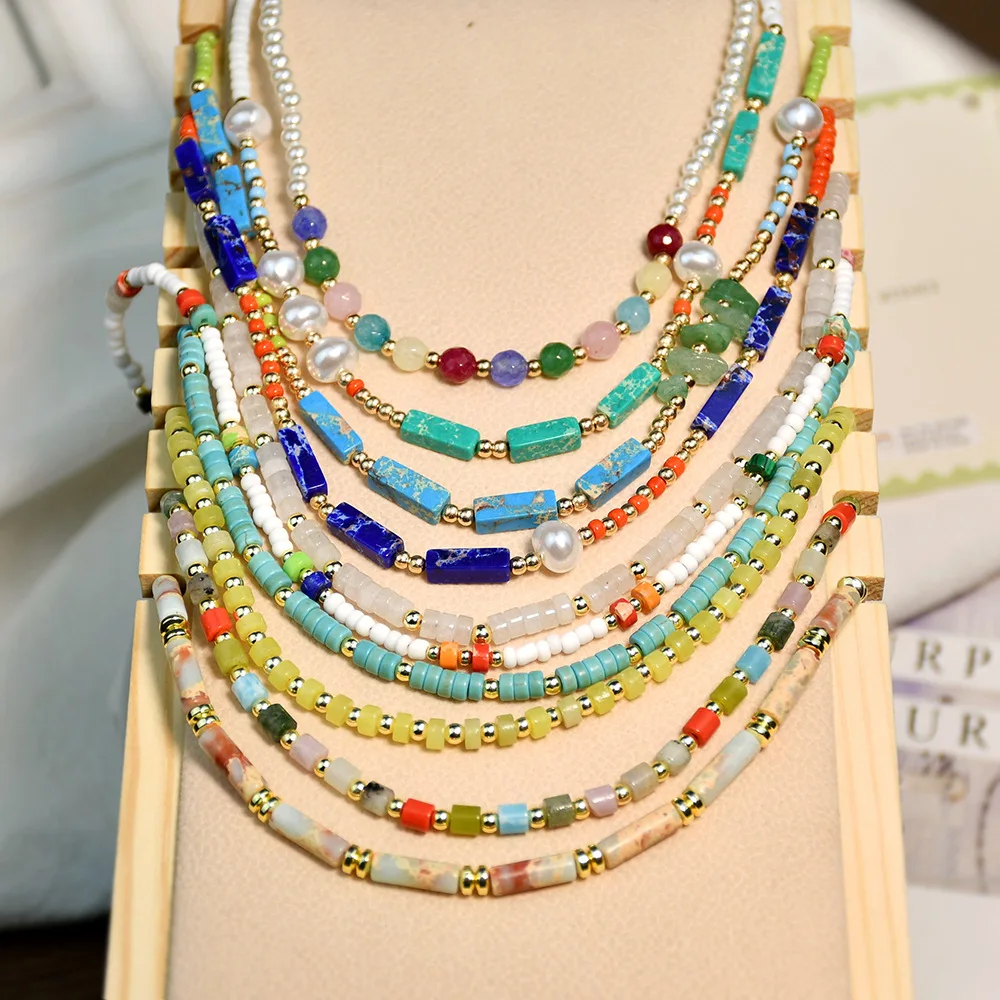 Trendy Summer Jewelry Handmade Unique Semi-precious stones mixed colorful seed beads pearl choker necklace for women