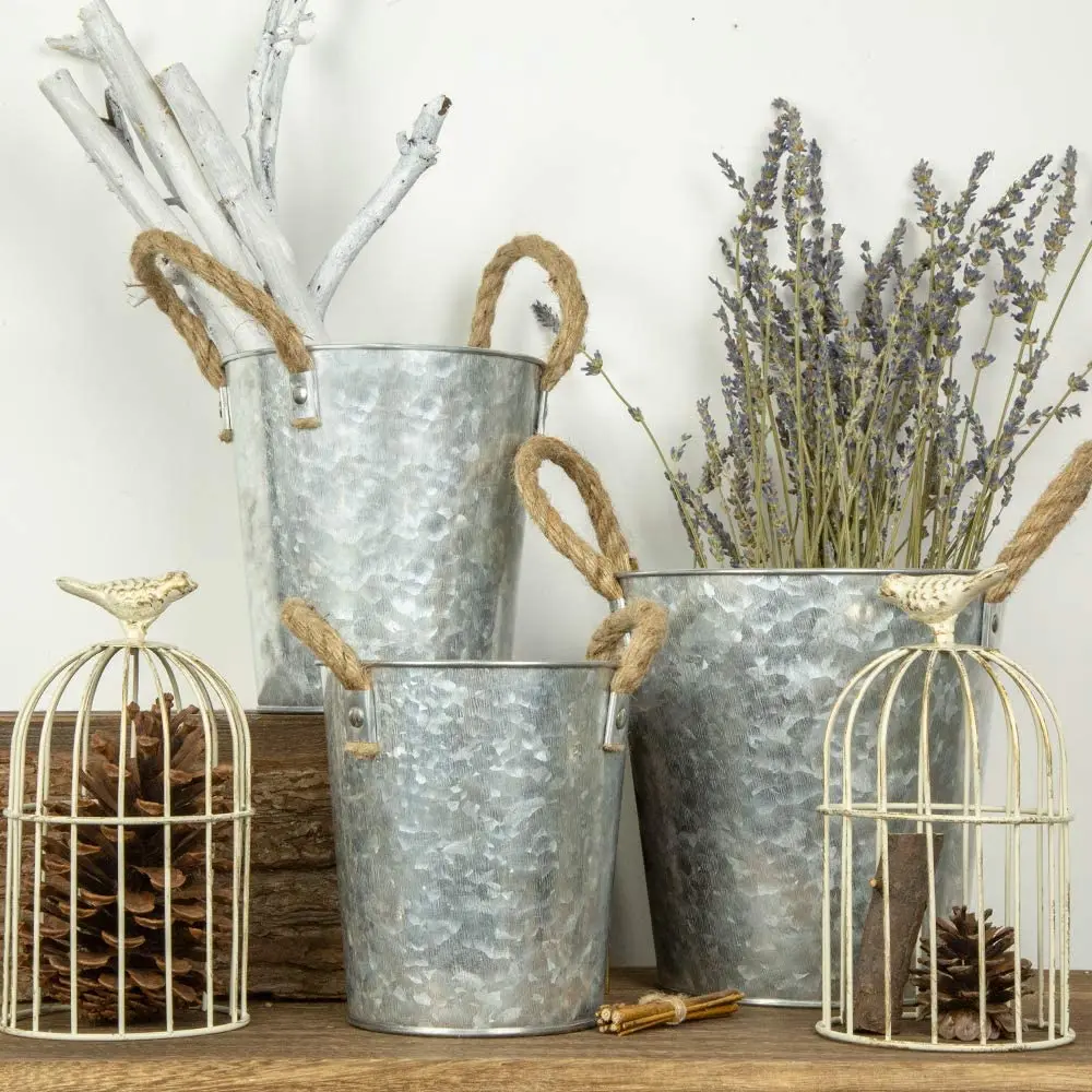 Bulk Wholesale Galvanized Flower Pot Farmhouse Buckets with Rope Handle Set of 3 manufacture