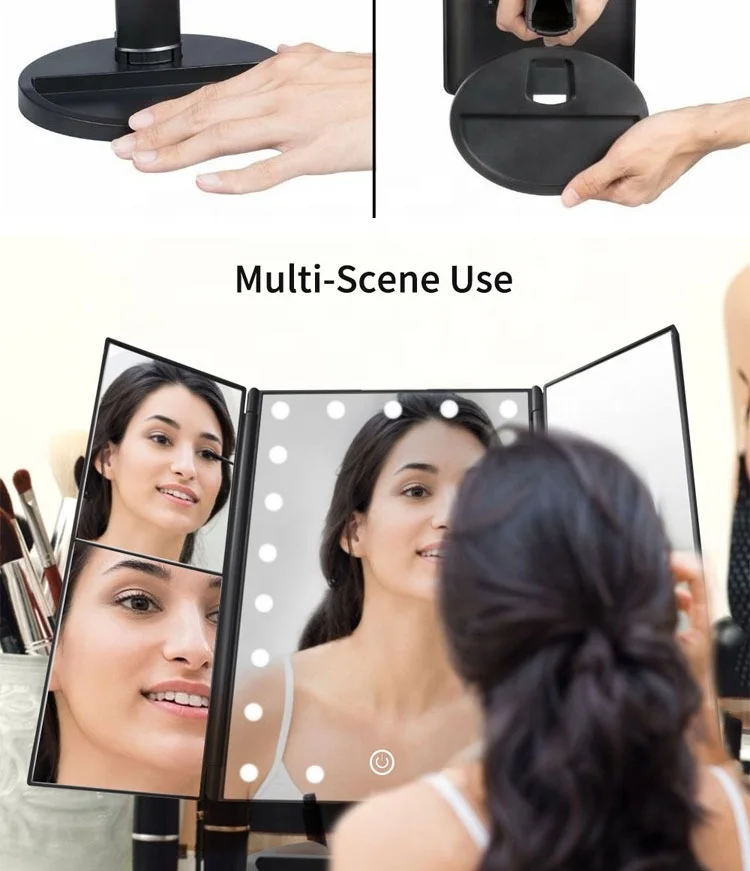 Lighted Foldable Portable 21 Bright LED Light Travel 2x 3x Magnifying Trifold Vanity Makeup Mirror With Led Lights