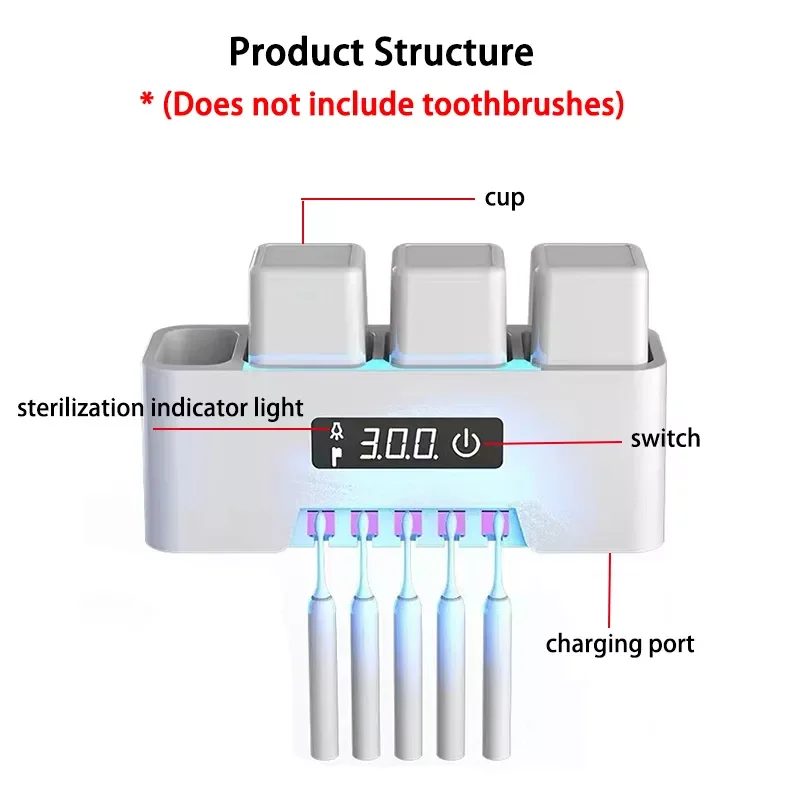 Rechargeable and Drilling-Free Tooth Brush Sterilizer Holder Sanitizing Toothbrush Cleaner