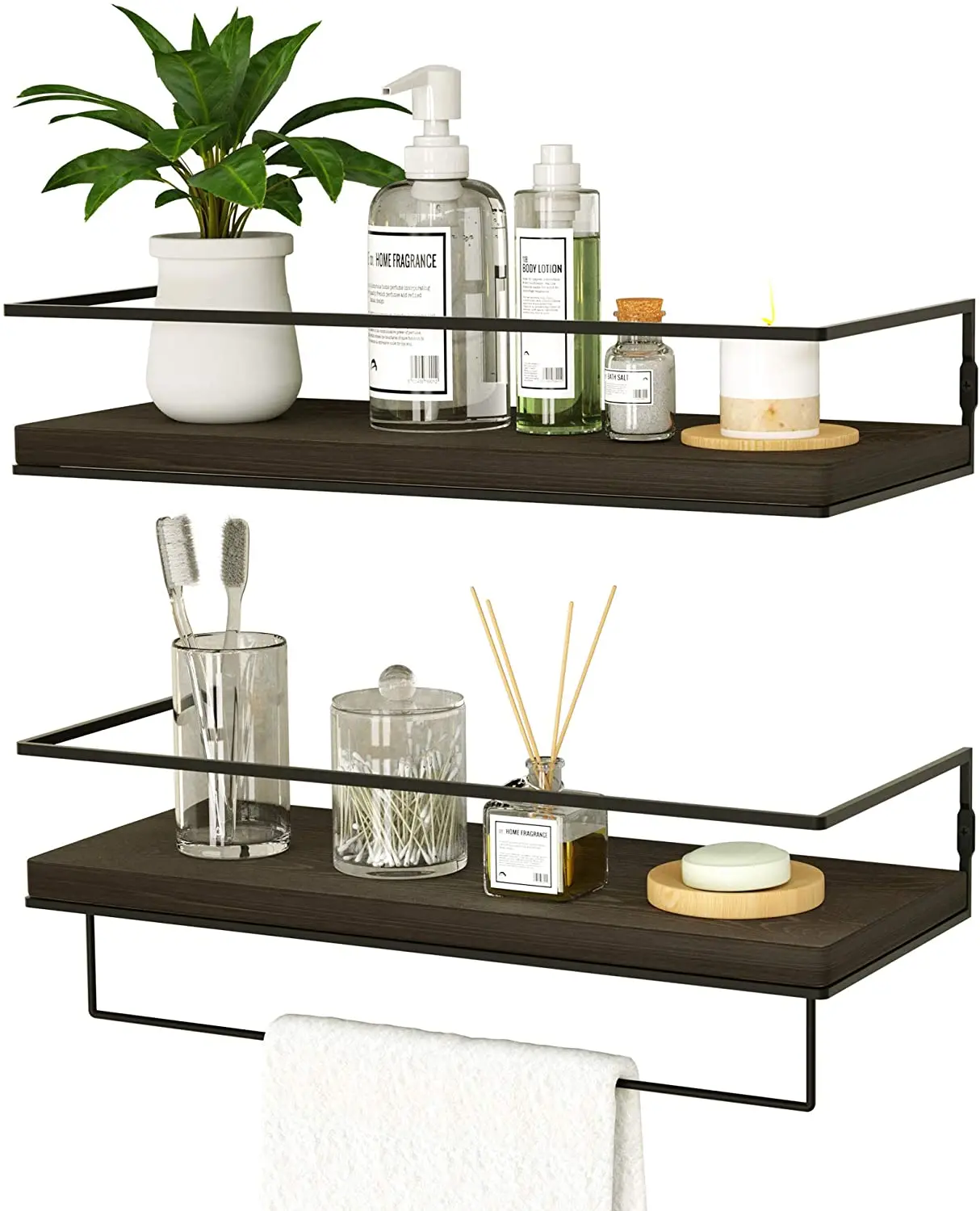Wall Mounted Storage Shelves with Metal Frame and Towel Rack Floating Shelves for Wall