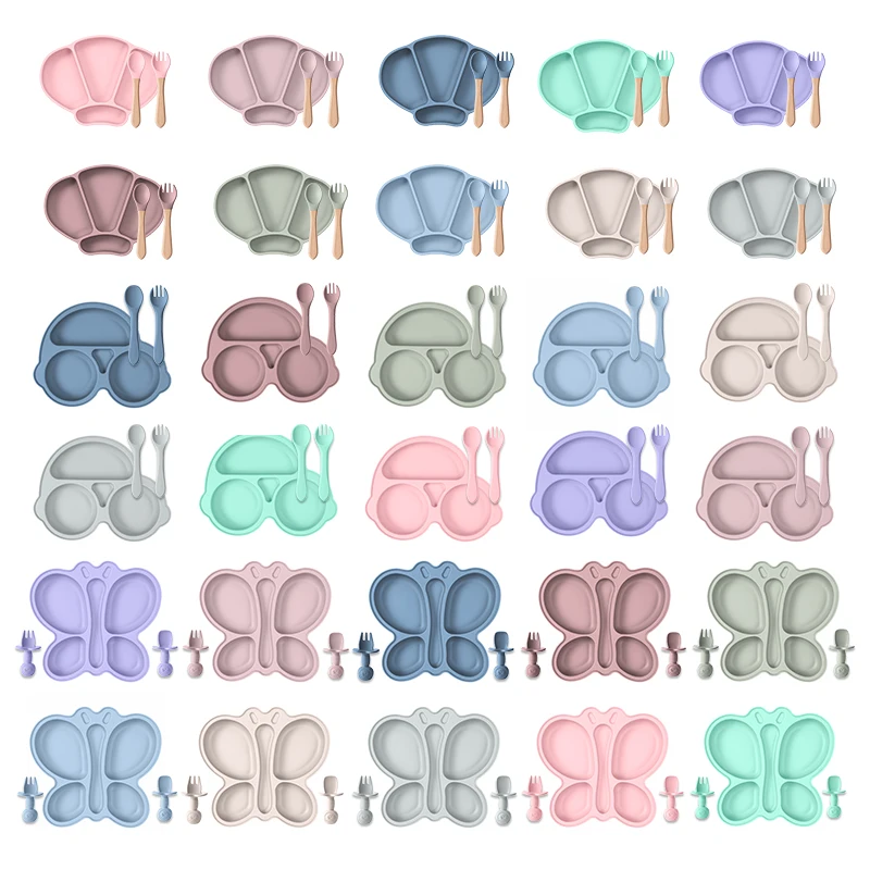 Bpa Free Toddler Weaning Tableware Adjustable Bib Spoon Fork Suction Bowl Divided Plate Silicone Baby Feeding Set