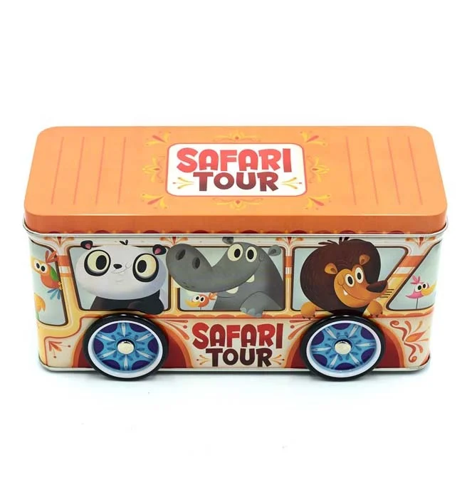 promotional gift tin bus car shaped metal box with 4 turning wheels