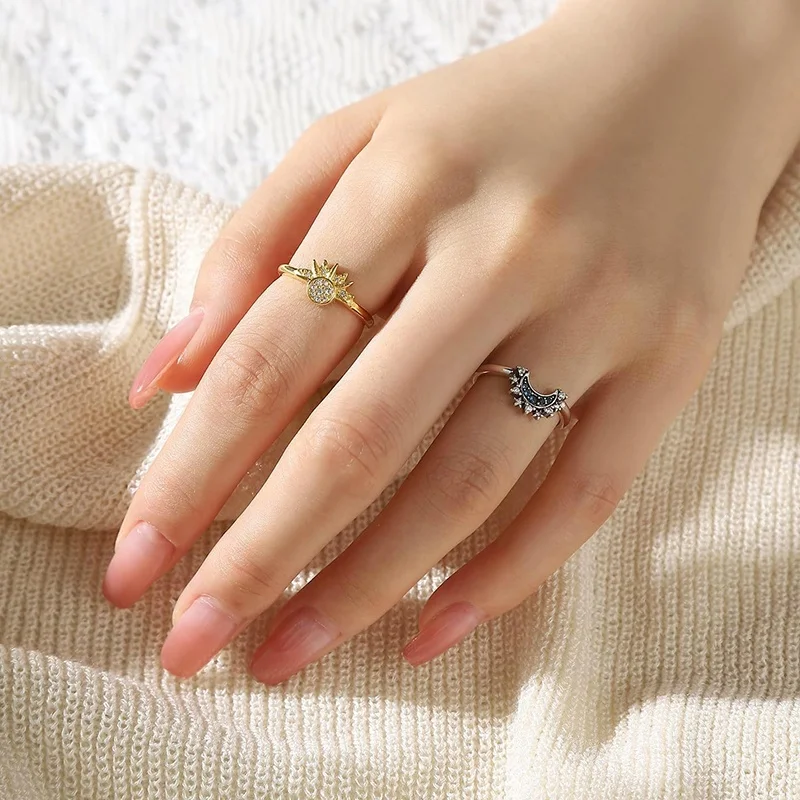 Custom couple sun and moon ring Zircon stacked Ring women 925 sterling silver