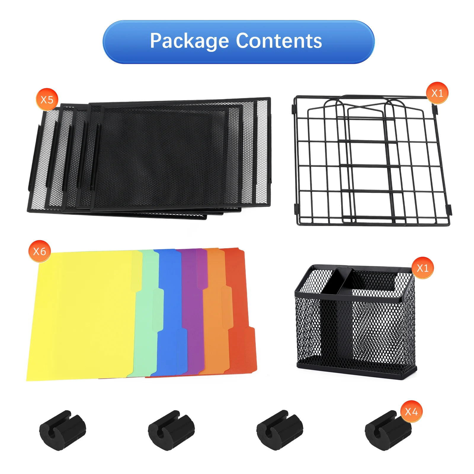 Metal 5  Tier Paper  Letter Tray  Organizer with Pen Holder and Extra pack 6 Colored Plastic  File folders,Desk Organizer Black