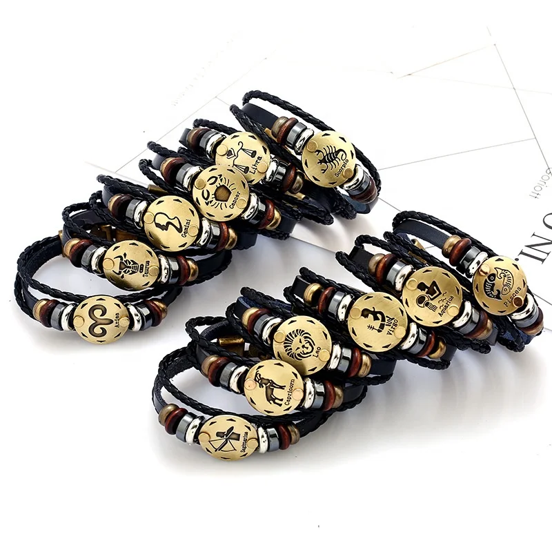 2020 new fashion valentines day gifts 12 zodiac horoscope leather Beaded bangle bracelet jewelry for men