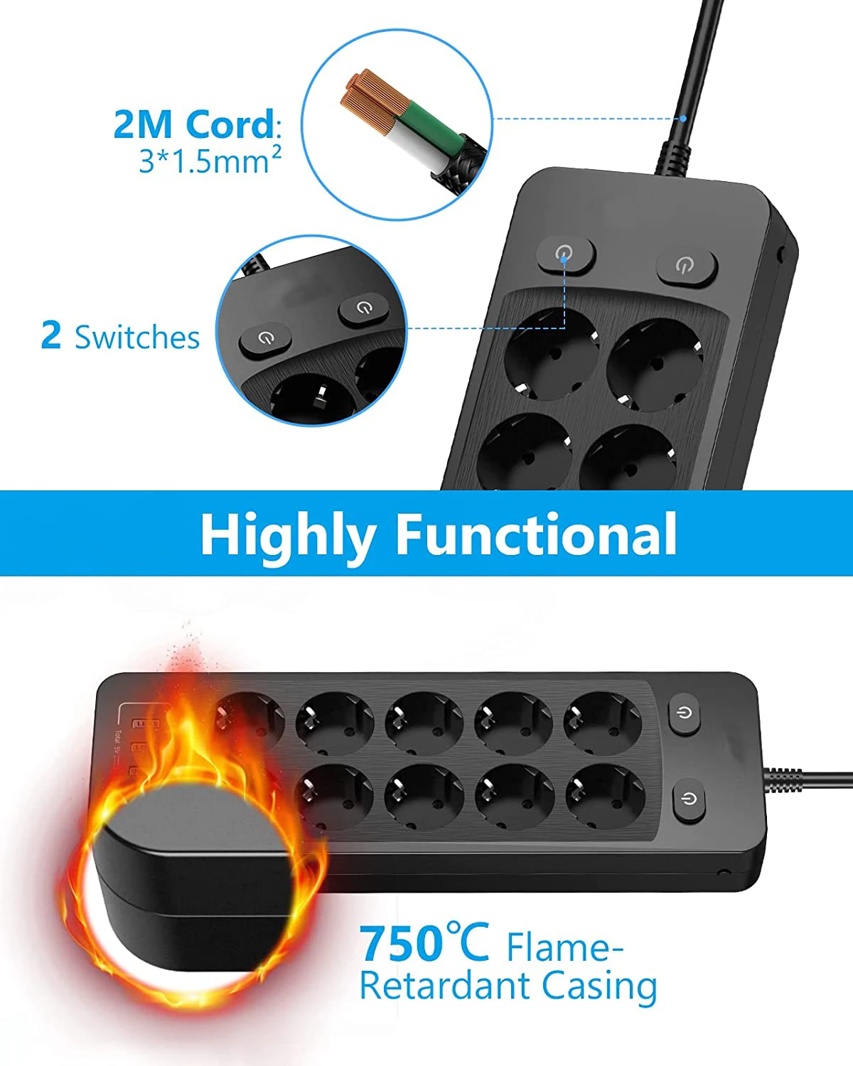 2500W 10A Power Strip Switch EU Plug Sockets With 2M Extension Cord Surge Protector 10 AC Outlets 4 USB Charging