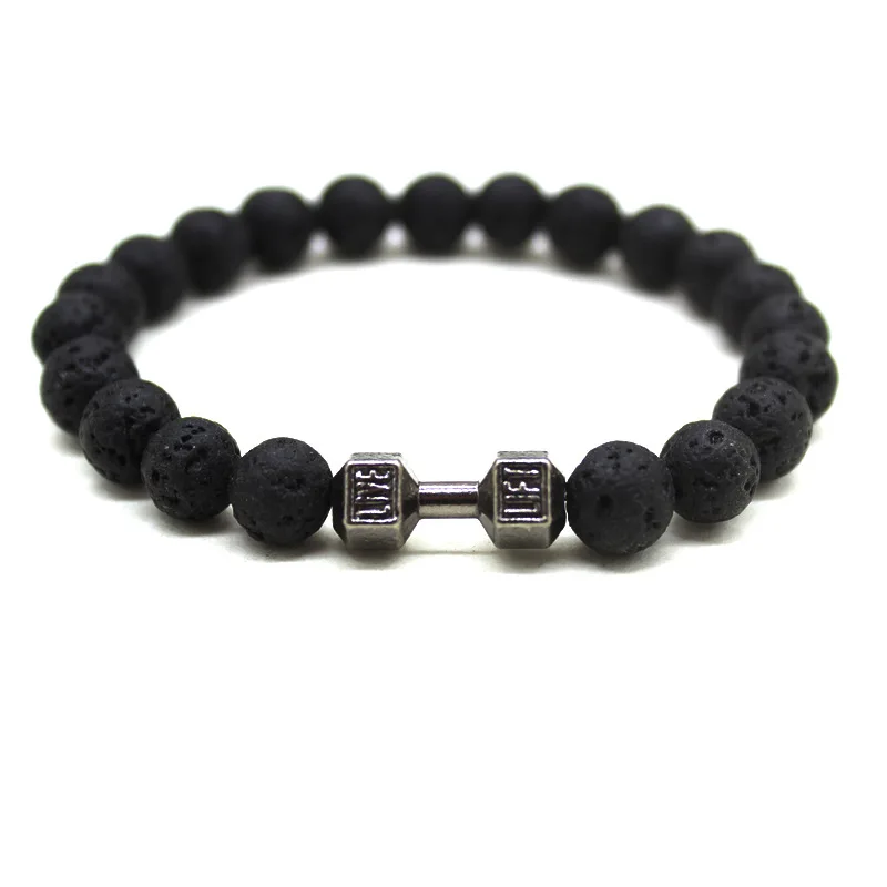 AA01575 Natural Black Volcanic Lava Stone Dumbell Bracelet Beads Bracelets for Women Men Fitness Barbell Jewelry