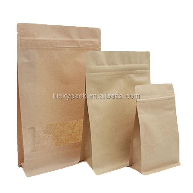 Customized Printed Flat Bottom Stand Up Pouch Clear Window Resealable Packaging Kraft Paper Tea Coffee Bags With Valve