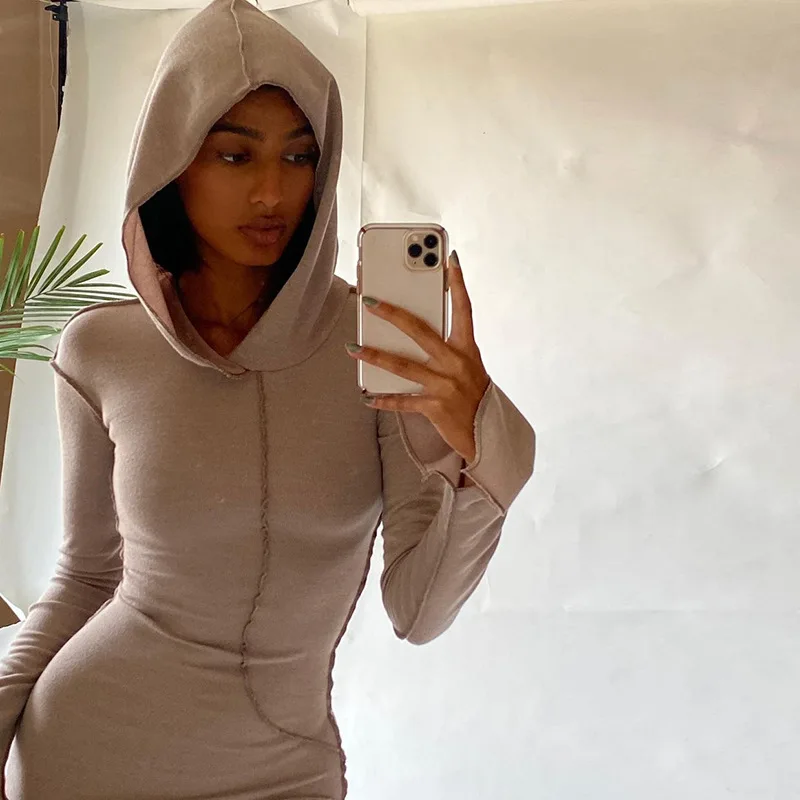 2021 Wholesale Spring Clothes Jumpsuits Women Hoodies Long Sleeve Wrap Buttock Shirt Casual Dress Woman Hooded Midi Dress