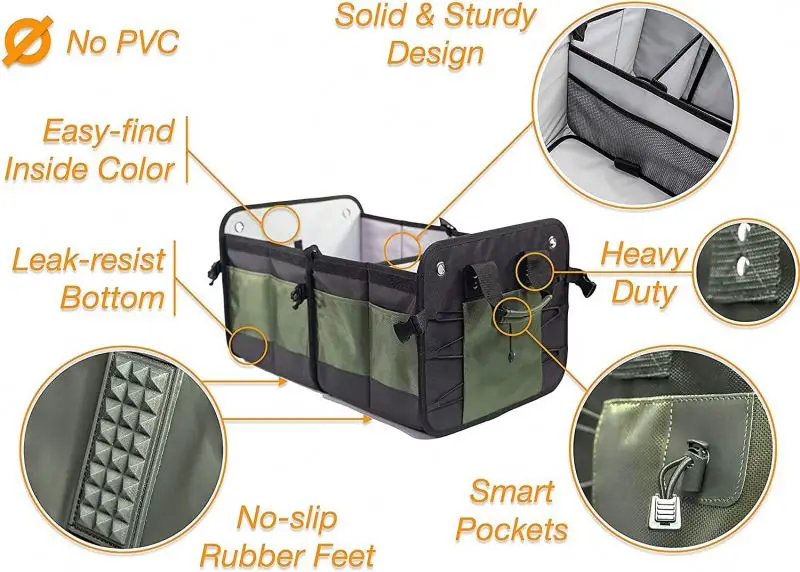 Customizable 1680D Heavy Duty Nylon Car Trunk Organizer Multi-Compartment Non-Slip Bottom Adjustable Securing Straps Oxford