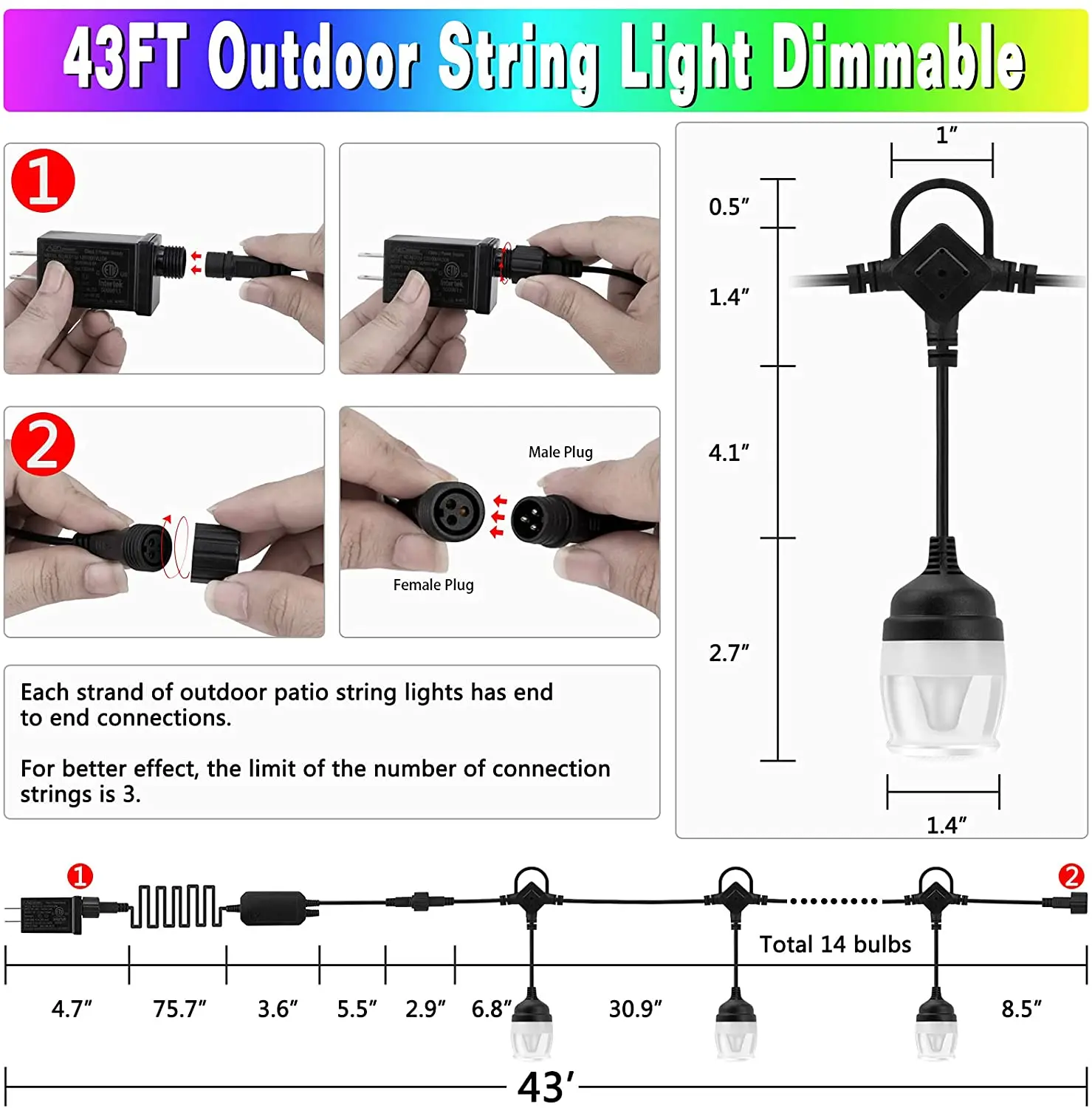 43FT Color Changing LED Hanging Lights with 14 Dimmable Bulbs