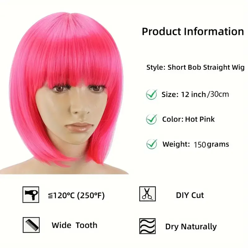 Short Bob Wig With Bangs 12 Inch Straight Bob Synthetic Wigs Colorful Wigs For Cosplay Party Daily Use