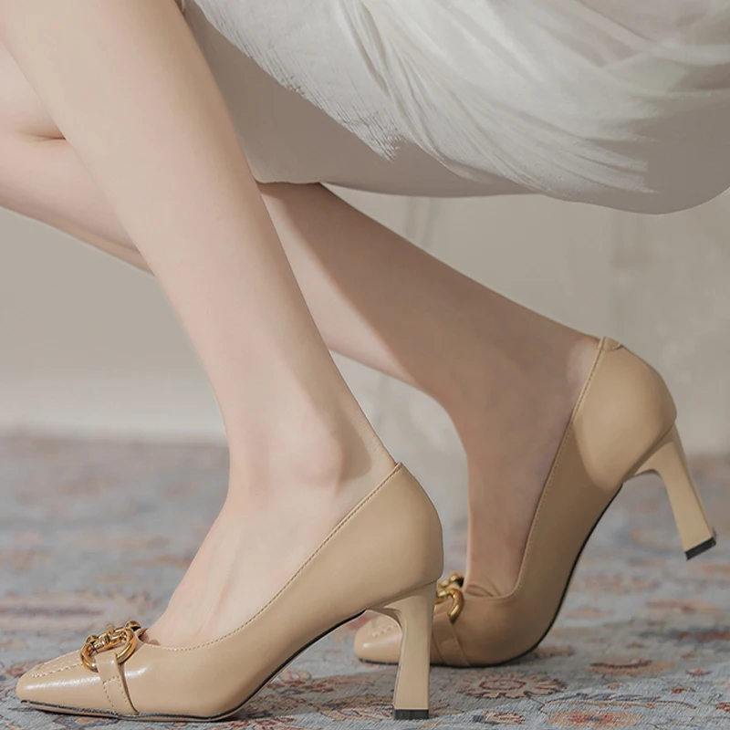 2022 New High Quality Women Pumps Metal Chain Decoration Sexy Shallow Square Toe Female Office High Heels Shoe