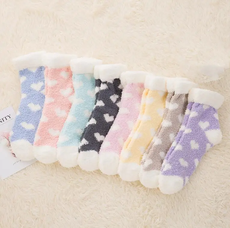 Coral fleece Flanging Love Heart Autumn Winter fluffy Warm Thick Women Socks