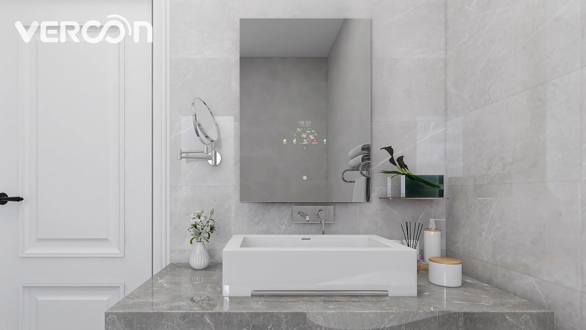 Vercon hot sell LED Lighted Bathroom Touch Screen Smart Mirror Illuminated Wall Mounted Vanity Mirror