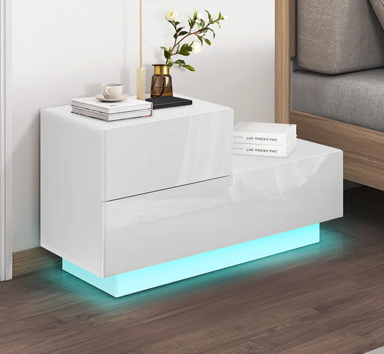 New design high gloss  L shape 2 drawers bedside table LED night table bedroom furniture