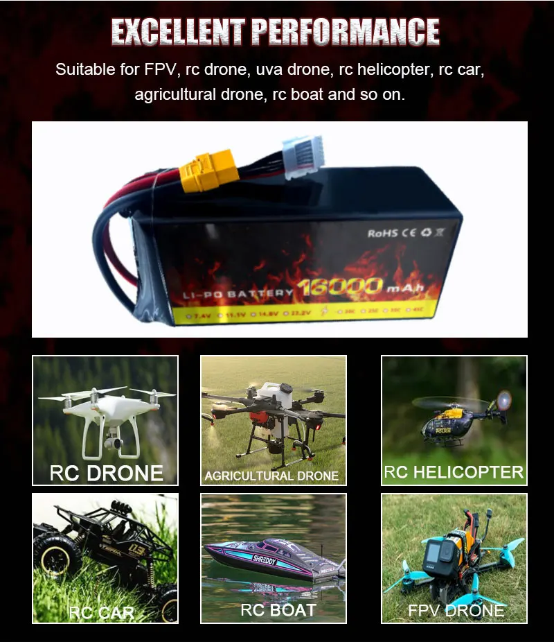 UVA Batteries Drone Battery 6S 16000mAh 22.2V 25C Drone Lipo Battery for Quadcopter Frame FPV UVA Drone