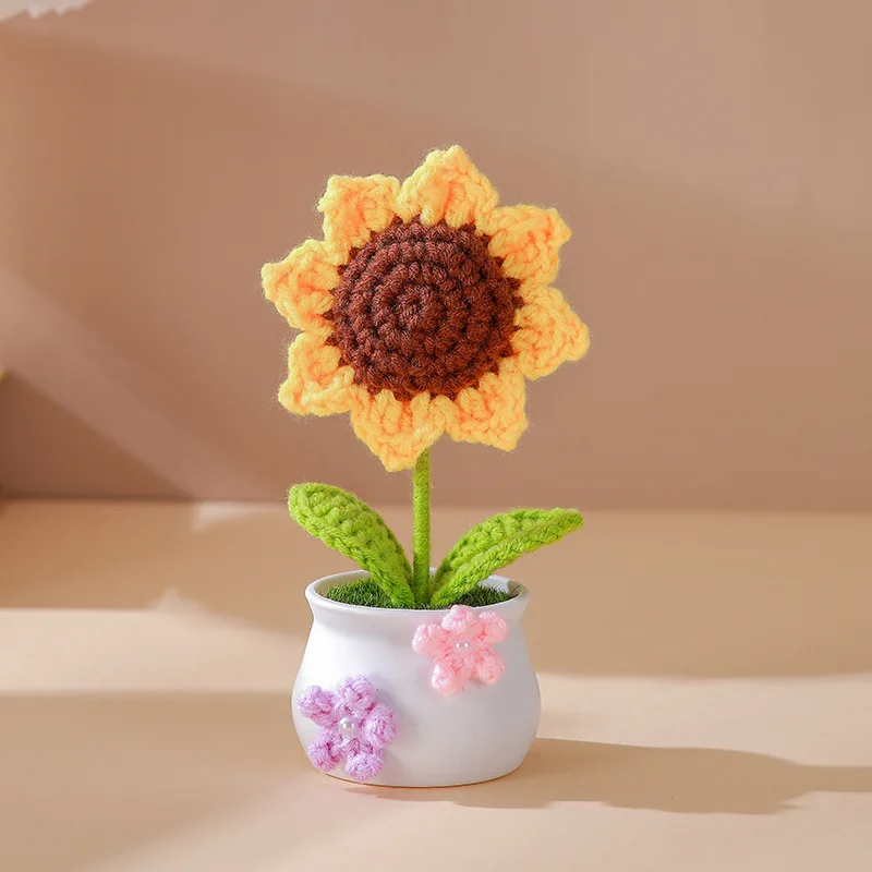 Novelty Christmas Valentines Gifts Handmade Crochet Sunflower Tulip Rose Flower Potting Knitting Flower Knit Potted Flower