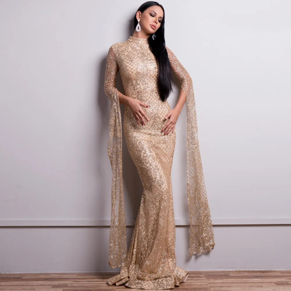 Women Formal gold Embroidered Lace Arabic Evening Dresses elegant sequins long party tassels fringe mermaid women party dress