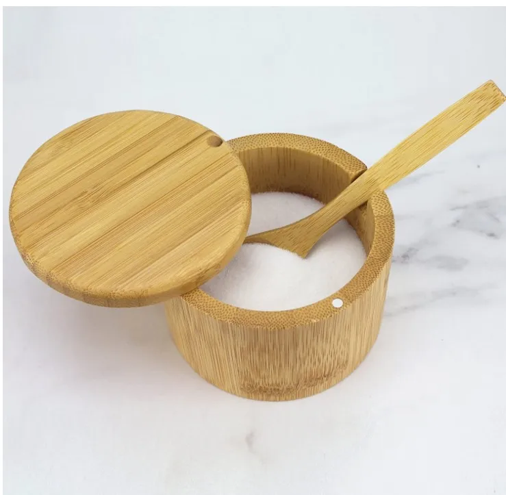 
Custom 6 Ounce Capacity Wood Lid Bamboo Salt Box With Spoon 
