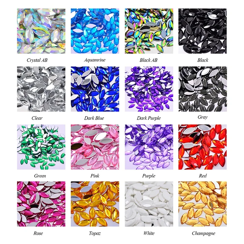 AOSU Wholesale 4*8mm 7*15mm White Crystals Stone Horse Eye Flatback Diamond Acrylic Rhinestones For Garment