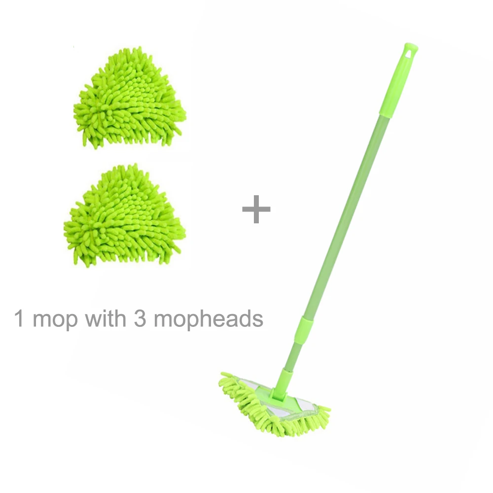 3 in 1 Corner Magic Mop Tile Scrubber Telescopic Window Cleaner Magic Small Mini Triangle Wall Cleaning Mops with 3 Mop Heads