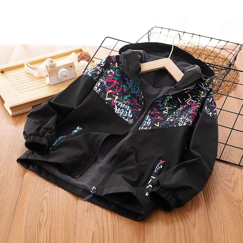 Kids Jacket for Boys Reflective Zipper Design Coat Windbreaker Outerwear Polar Fleece Waterproof Clothes Raincoat 3-14Y