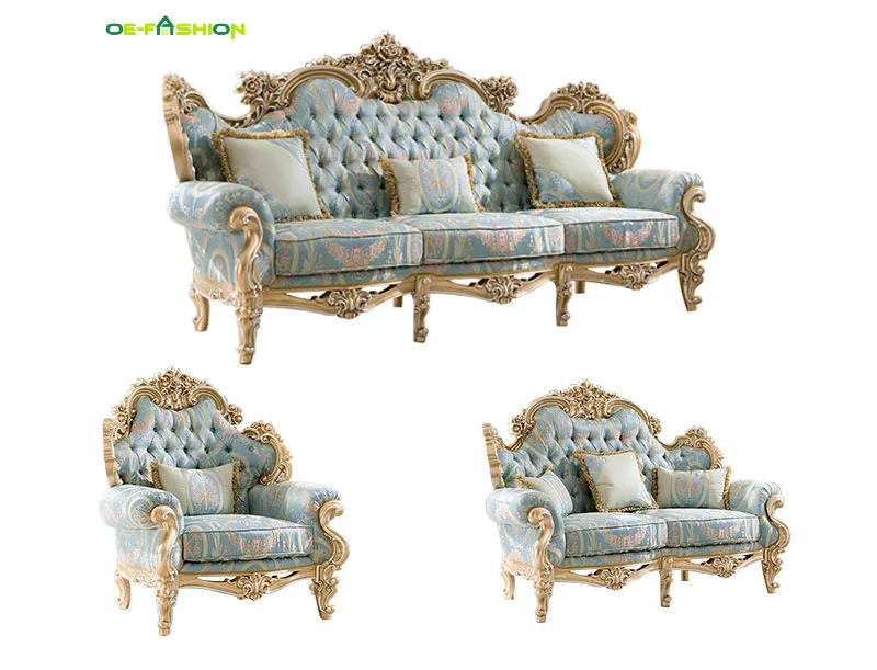 OE-FASHION Palace Rococo high-end villa neoclassical carving silver foil French luxury European fabric sofa