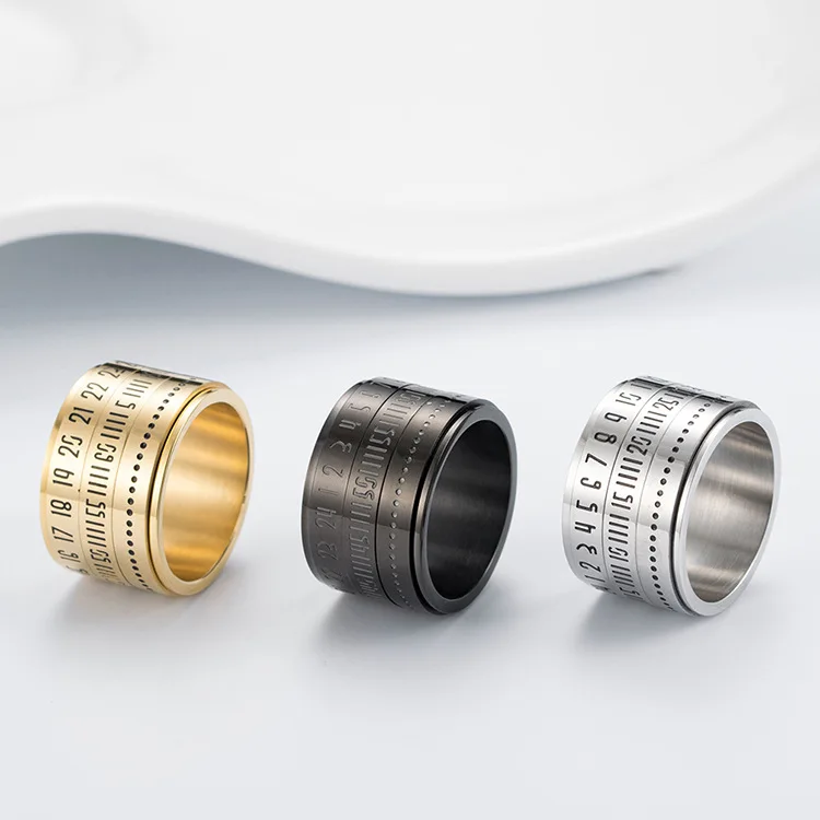 JZ23063 Custom Logo Wide Stainless Steel Double-Layer Rotatable Spinner Anxiety Relief Ring Arabic Number Rings For Women Men